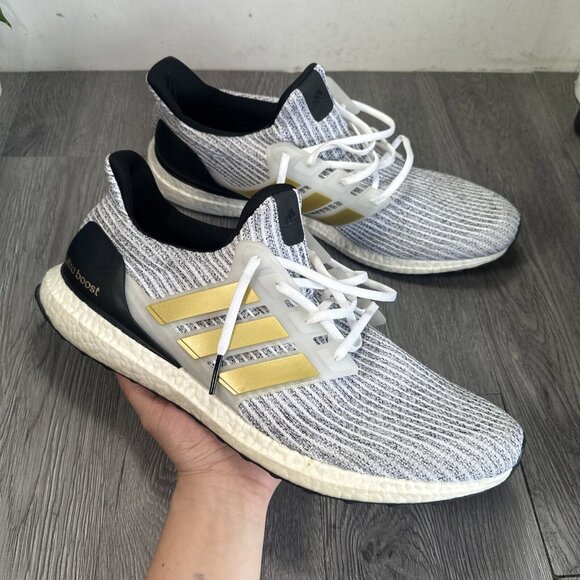 Size 17- adidas UltraBoost White Gold Metallic Running Shoes Sneakers